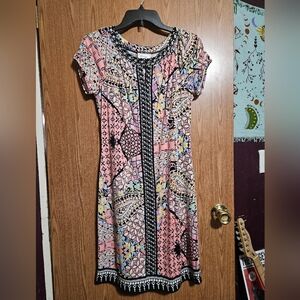 Beige By ECI Womens Dress Floral Sheath Knee Length Short Sleeve!